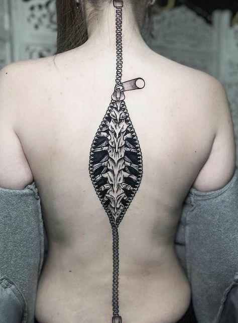 Zipper Tattoo, Back Tattoo Women Spine, Back Tattoos Spine, Flower Spine Tattoos, Our Mindful Life, Spine Tattoos For Women, Modern Tattoos, Spine Tattoo, Back Tattoo Women