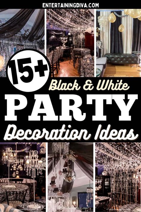 Throw a chic and stylish black and white themed party with these black and white party decor decorations, food, and drink ideas. Black And White Party Ideas, Black And White Themed Party, New Year Party Ideas, White Party Ideas, White Party Decor, Black And White Party Decorations, Monochrome Party, Black White Party, Kate Spade Party