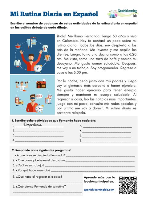 We have designed this worksheet to help you practice the key vocabulary and grammar to talk about your daily routine in Spanish with some simple and interesting exercises. You will see both reflexive and non-reflexive verbs in use to write and talk about the activities someone does every day. #LearnSpanish #SpanishWorksheets Spanish Reflexive Verbs Activities, Reflexive Verbs In Spanish, Leslie Grahn Authentic Resources Spanish, Middle School Spanish Activities, Spanish Reflexive Verbs, Spanish Reading Activities, Spanish Exercises, Learn Spanish Free, Spanish Learning Activities