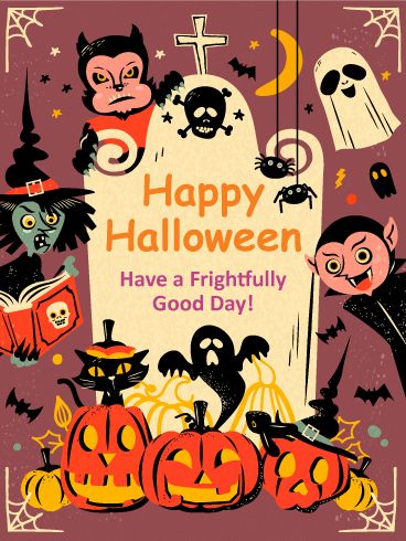 Frightfully Good Day Vintage Halloween Card Old Fashioned Halloween, Vintage Halloween Cards, Halloween Playlist, Uhyggelig Halloween, Photo Halloween, Poster Halloween, Halloween Printables Free, Carte Halloween, Halloween Coloring Book