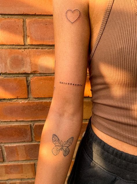 aesthetic patchwork sleeve tattoo, fineline tattoo, butterfly tattoo, girl with tattoo Feminine Sticker Sleeve, Moderation Tattoo, Sticker Sleeve Tattoo Minimal, Sticker Sleeve Inspiration, Arm Tiny Tattoo, Minimal Patchwork Tattoo, Arm Tattoo Dainty, Minimal Sticker Sleeve, Sticker Tattoo Sleeve Women