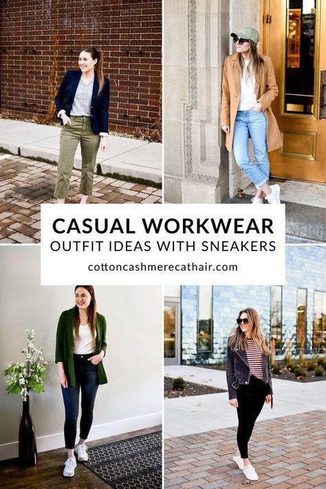 Reader favorite: Casual Workwear Outfit Ideas with Sneakers | Cotton Cashmere Cat Hair Outfit Ideas With Sneakers, Business Casual Sneakers, Outfits With Sneakers, Friday Outfit For Work, Sneakers Outfit Work, Sneakers Outfit Casual, Smart Casual Work, Casual Work Outfits Women, Smart Casual Work Outfit