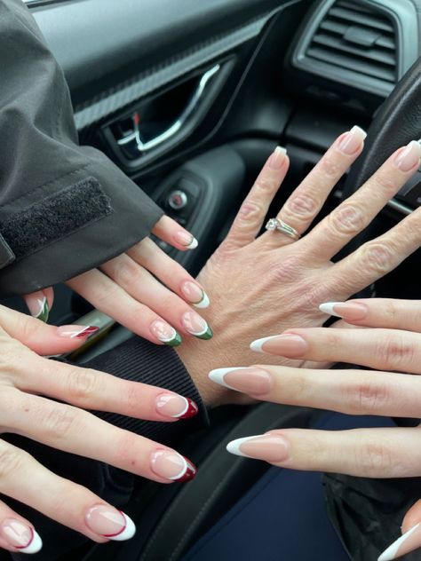 Green French Tip With White Line, Two Tone Green French Tip Nails, Christmas French Tips Green, Red And Green Tips Nails, Red White And Green French Tip Nails, Red And Green Tip Nails, Red And White French Tip Nails Christmas, Red And Green French Nails, Christmas White French Tip Nails