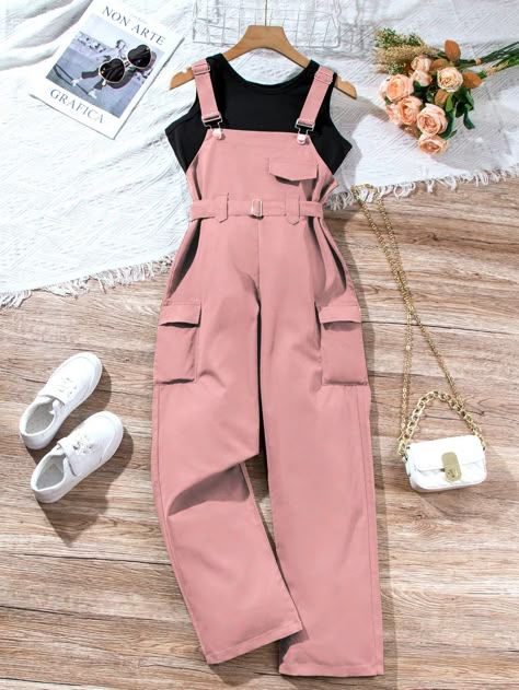 Pink Casual Collar   Colorblock,Plain  Embellished Non-Stretch,Slight Stretch  Tween Girls Clothing Cute Outfits For 9yrs, Clothes 12-13, Two Set Outfits, Casual Outfits For Girls, Adrette Outfits, Workwear Overalls, Outfits Simple, Modest Casual Outfits, Casual Outfits For Teens