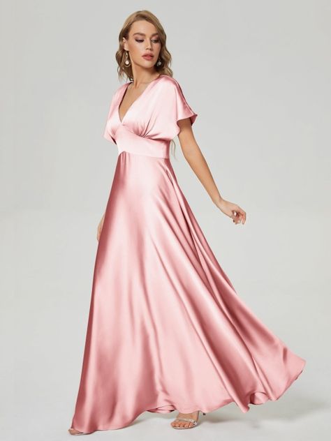 Silky and shiny on Tumblr Modest Satin Bridesmaid Dresses, Modest Red Carpet, Pink Bridesmaid Dresses With Sleeves, Satin Bridesmaid Dresses With Sleeves, Pink Modest Bridesmaid Dresses, Bridesmaids Dresses With Sleeves, Satin Wedding Guest Dress, Wedding Goodies, Damas Dresses