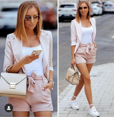 Blazer Shorts Outfit, Pastel Pink Blazer, Pink Shorts Outfits, Camelia Roma, Pastel Blazer, Bag Nike, Nike Airforce1, Trainers Outfit, Nike Airforce 1