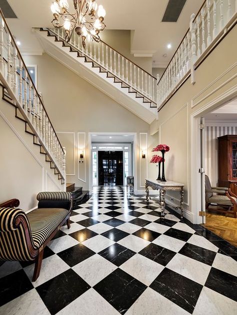 Georgian Entryway Painted in Wattyl Tennessee Dawn Entryway Paint, Black Marble Tile, Checkerboard Floor, Small Entryways, Nero Marquina, Tile Mosaic, Interior Remodel, Foyer Design, Black And White Tiles