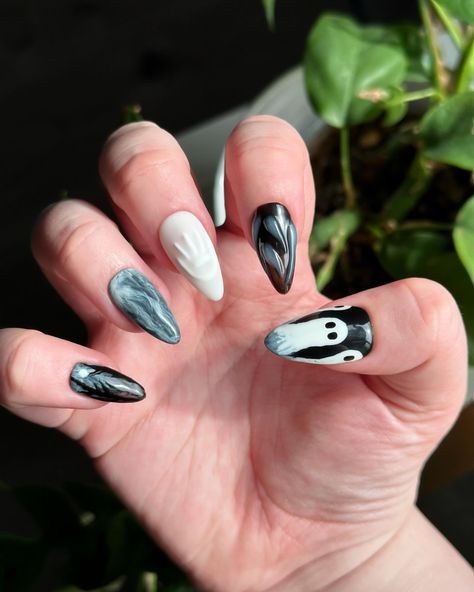 Ghosty nails 👻 Did I forget to post these considering I made this set a couple weeks ago… maybe 🫣 Oopsy daisy Available now on my Etsy or DM to buy 🤍 #pressonnails #nails #falsenails #greennails #blacknails #bloominggel #nailart #nailsnailsnails #nail #naildesign #3dnailart #ghosts #halloween #halloweennails #ghostnails #ghost #cuteghost #cuteghosts #mattenails #matte #smokey #smokeynails #etsy #etsyshop #etsyseller #etsyhandmade #handmade #smallbusiness #smallbusinessowner #supportsmallbus... Blooming Gel Ghost Nails, Ghosty Nails, Nails Gothic, Ghost Nails, Blooming Gel, Ghosts Halloween, Oopsy Daisy, Spooky Ghost, Halloween Nail Designs