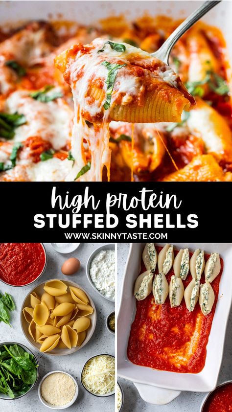 Delicious Cottage Cheese Stuffed Shells are protein-packed, vegetarian, and the perfect dinner for comfort food lovers! #highprotein #vegetarian #meatlessmonday #cottagecheese #pasta #dinner #healthyrecipes #WEIGHTWATCHERS Healthy High Protein Dinner Ideas, Stuffed Shells With Cottage Cheese, Protein Pasta Recipes, Vegetarian High Protein, High Protein Pasta, Family Meal Prep, High Protein Meals, Healthy Low Carb Dinners, Cheese Stuffed Shells