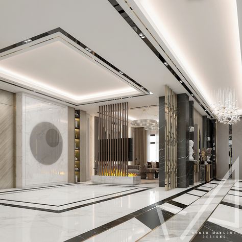 Ground floor Lobby design with Neo-classic style on Behance Floor Lobby Design, House Lobby Interior Design, Lobby Ceiling Design Modern, Lobby Ceiling Design, Classical Ceiling Design, Tv Lounge Design, Neo Classic Design, Gandhi Ji, Modern Lobby