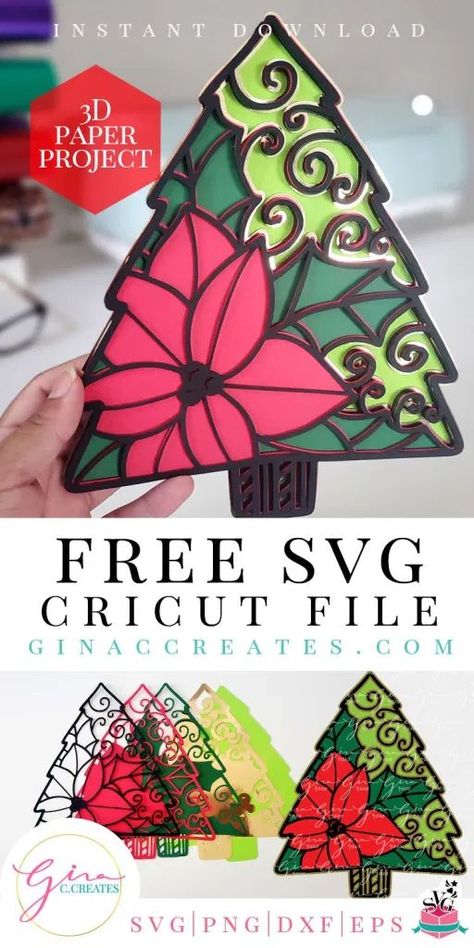 Christmas Cricut Paper Craft Project. Layer Poinsettia Christmas Tree SVG Cut File for framed shadow boxes. Create festive Christmas decorations. Poinsettia Christmas Tree, Paper Poinsettia, Freebie Svg, 3d Paper Projects, Christmas Ornament Template, Christmas Svgs, Christmas Cricut, Keychain Display, Ornament Template