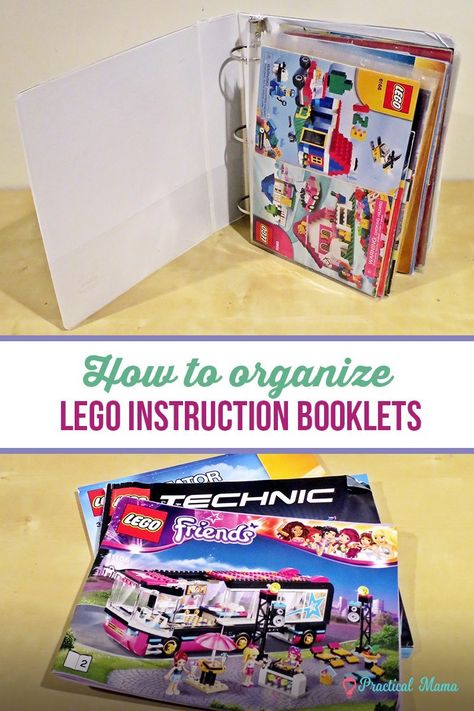 As if organizing lego sets and pieces aren't frustrating enough, what do you do with the hoards of lego instruction manuals? This practical organization idea will keep all your LEGO booklets in one place and kids will easily find the one they need without calling a parent. Lego Manual Organization, Lego Instruction Storage, Lego Set Storage Ideas, Lego Set Organization, Lego Stem, Table Lego, Lego Storage Organization, Practical Organization, Lego Play