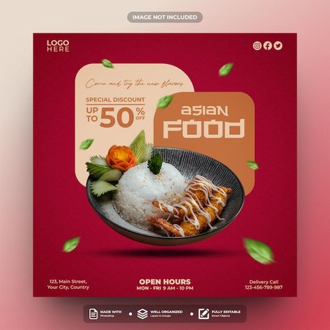 PSD asian food social media post templat... | Premium Psd #Freepik #psd Creative Social Media Post Design Discount Ideas, Food Post Ideas Instagram, Food Posts Instagram, Food Design Graphic, Food Creatives Social Media, Food Creative Post, Food Poster Design Ideas, Food Poster Design Graphics, Food Ads Design