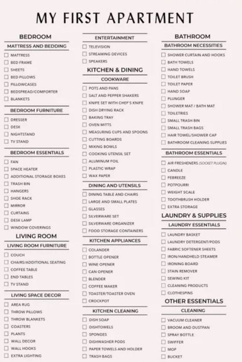 Essentials For New Apartment, First Apartment Checklist Aesthetic, Things For Bathroom List, House Necessities List First Apartment, House Restock List, New Apartment Checklist Essentials, First Flat Essentials, Moving In Apartment Checklist, First House Shopping List