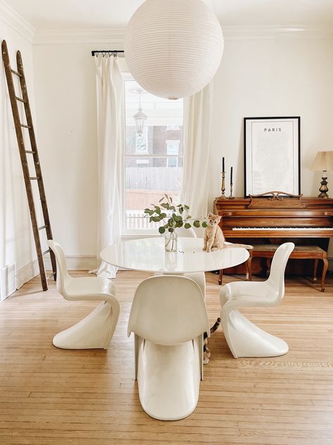 Hay Paper Lantern, White Tulip Table Dining Room, Panton Chair Dining Room, Modern Parlor, White Tulip Table, Pastel Chair, Parisian Modern, Wimborne White, Parlor Room