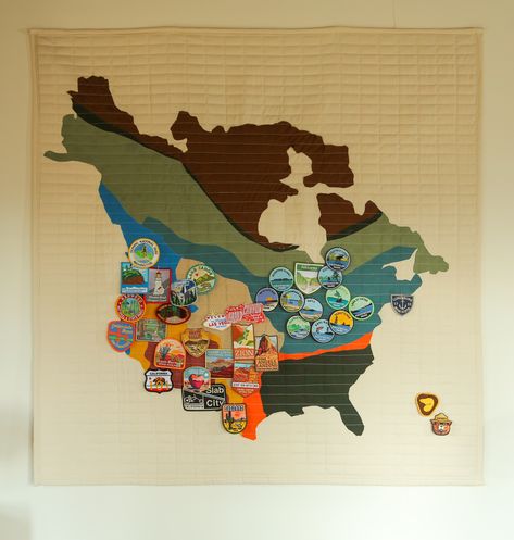 Hey friends, Becky here - back with another fun DIY for my 70's home! I recently transformed a heap of thrifted fabrics into a travel map patch quilt for my breakfast nook. Patch Display, Patches Display, Sewing Gift Ideas, The Sorry Girls, National Park Patches, Girl Scout Patches, Girl Patches, Road Trip Map, Mcm Home