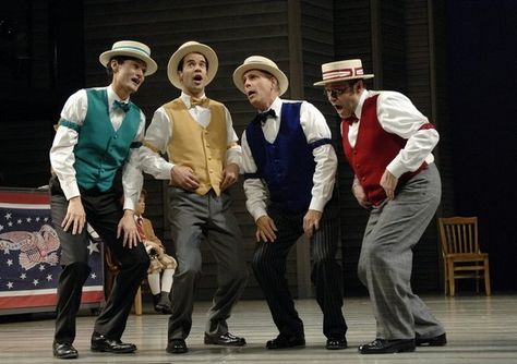 The Music Man's barbershop quartet. Music Man Costumes, 1912 Fashion, Barbershop Quartet, Musical Theatre Costumes, Barber Shop Quartet, Broadway Costumes, Mt Shasta, Red Bluff, Shakespeare Festival