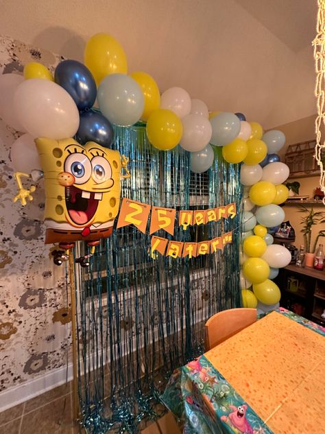 Spongebob Themed Cocktails, Spongebob Birthday Party For Adults, Spongebob Balloon Garland, Spongebob Birthday Decorations Diy Party Ideas, Spongebob Balloon Arch, 25 Years Later Spongebob Sign, Spongebob Birthday Party Decorations 25, Spongebob Party Theme, 25th Birthday Ideas Spongebob