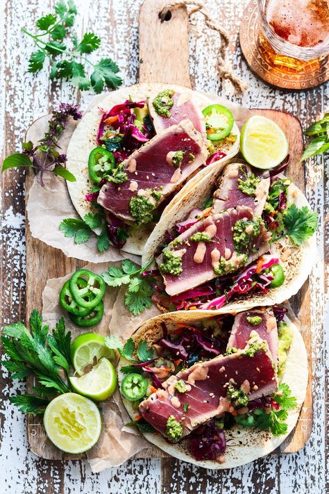 Seared Ahi Tuna Tacos (Quick & Easy!) - Give it Some Thyme Marinated Ahi Tuna, Ahi Tuna Tacos, Crunchy Asian Slaw, Seared Ahi Tuna, 2024 Meals, Tuna Tacos, Yum Sauce, Red Cabbage Slaw, Cilantro Pesto