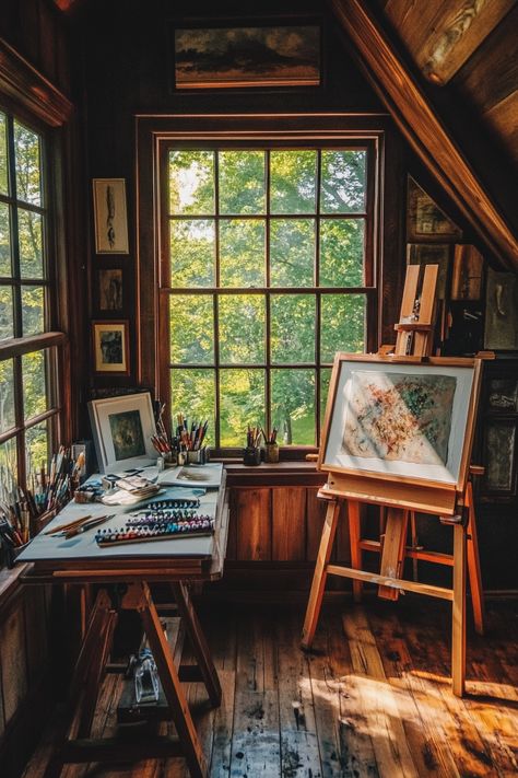 Tiny Art Studio. North light window illuminating a stained cedar easel in the corner.

Set your canvas aside for a moment, we've gathered 58 awe-inspiring artist studios from around the world that are bound to light your creative fuse. These art dens not only house the muses of your favorite painters, sculptors, and digital artists, but also reflect their unique personalities and artistic styles.…

Read more: https://tastyinteriors.com/generated-post-58-artist-studio-inspirations/ Bay Window Art Studio, Art Studio Wall Color, Living Room Art Studio, Tiny Home Art Studio, Art Studio Aesthetic Vintage, Vision Board Artist, Artist Bedroom Ideas, Painting Studio Aesthetic, In Home Art Studio