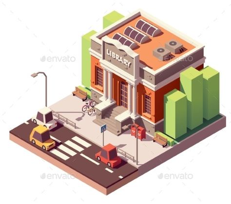 Library Building Design, Isometric Library, Building Isometric, City Isometric, Vector Building, Library Building, Cartoon Building, Simple Building, Paper Architecture