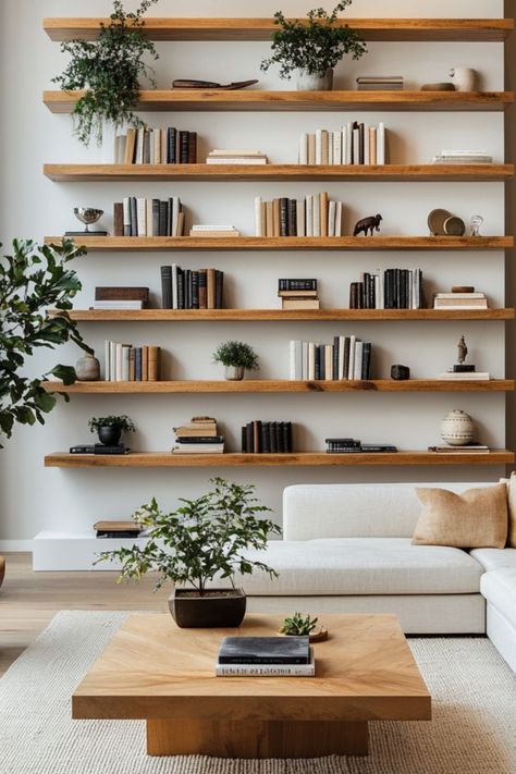 Maximize style and function with floating shelves that create sleek and modern displays. #FloatingShelves #ModernStorage #MinimalistDecor Floating Oak Shelves Living Room, Long Floating Shelves Living Room, Floating Book Shelf Ideas, How To Style Bookshelves, Living Room With Shelves, Large Floating Shelves, Wall Shelf Design, Floating Book Shelves, Floating Shelves Books