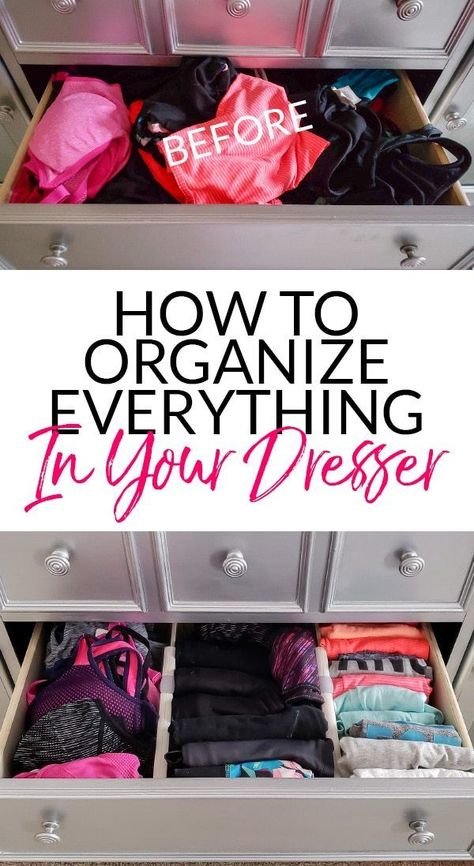 How to Organize Dresser Drawers - This post covers the best way to store anything in a dresser with photo examples from bras and tank tops to pajamas and sweaters! Organize Chest Of Drawers, Organize Camisoles Tank Tops, How To Organize Your Closet Drawers, How To Organize Bras In Closet, Tank Top Drawer Organization, Organizer Drawers Bedroom, What To Put In Closet Vs Dresser, Best Way To Organize Dresser Drawers, Organizing Tank Tops Drawer