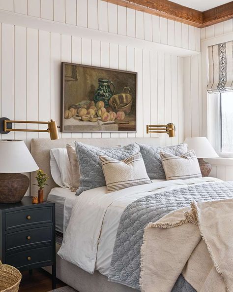 Nestled in Ontario, Canada, This Getaway Surrounded by Snow Supplies Plenty of Warmth - Cottage Journal Monochromatic Palette, Guest Bedroom Decor, Block Printed Pillows, Farmhouse Bedroom, Rustic Bedroom, Ship Lap Walls, Farmhouse Wall Decor, Farmhouse Wall, Minimalist Bedroom