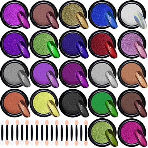 Amazon.com : Duufin 22 Colors Nail Powder Metallic Chrome Nail Powders Mirror Effect Nails Manicure Pigment Nail Art Powder with 22 Pcs Eyeshadow Sticks, 1g/Jar… : Beauty Nail Art Paillette, Nail Art Chrome, Black Chrome Nails, Mirror Nails Powder, Gold Chrome Nails, Unghie Nail Art, Metallic Powder, Chrome Nail Powder, Chrome Nails Designs