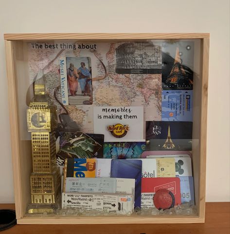 Trip Shadow Box Ideas, Shadow Box Vacation Memories, Shadow Box Travel Memories, Souvenir Display Ideas Travel Memories, Travel Shadow Box Ideas, Travel Keepsake Ideas, Travel Souvenirs Display, Travel Memories Display, Memory Shadow Box Ideas