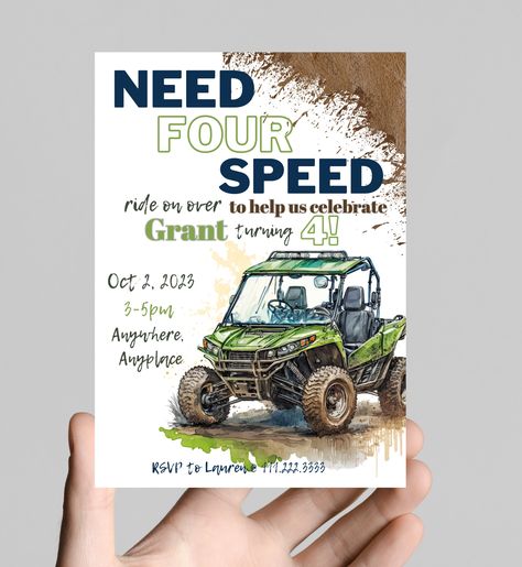 Need four (for) speed ATV side by side theme 4th birthday boy invitation, rev your engine shift into gear, dirt, mud, printable, digital 4th Birthday Party For Boys, Dirty 30 Birthday Party, 4th Birthday Boy, 4th Birthday Boys, 30th Birthday Party Invitations, 5th Birthday Party Ideas, Boy Birthday Party Themes, 30 Birthday, Dirty Thirty