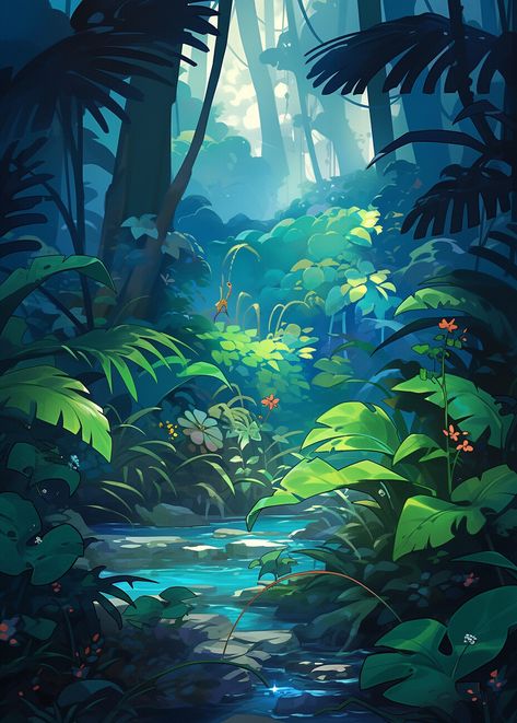 Rainforest Digital Art, Jungle Environment Concept Art, Amazon Rainforest Illustration, Tropical Forest Concept Art, How To Draw Jungle, Jungle Landscape Art, Jungle Digital Art, Drawing Forest Background, Jungle Scene Drawing