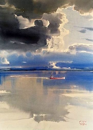 Seascapes Art, Watercolor Clouds, Watercolor Sky, Watercolour Inspiration, Watercolor Painting Techniques, 수채화 그림, Watercolor Landscape Paintings, Beach Painting, Mini Canvas Art