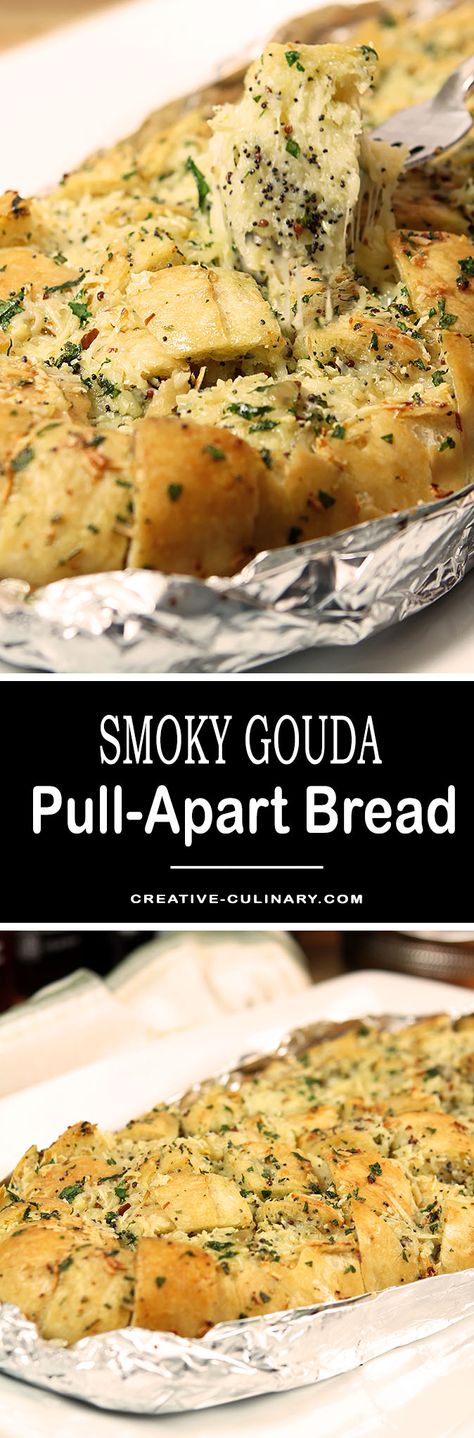 These are fun and easy when sharing with a crowd and this Smoked Gouda Stuffed Cheese Bread is so good you'll wish you didn't have to! Stuffed Cheese Bread, Gouda Cheese Recipes, Gouda Recipe, Easy Make Ahead Appetizers, Culinary Food, Low Fat Dinner, Smoked Gouda Cheese, Sunday Football, Garlic Cheese Bread