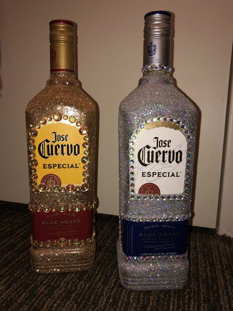 Glitter Alcohol Bottles! The gold and silver are perfect for gold and silver Jose Cuervo! Just use midge podge, glitter, and stick on rhinestones! Glitter Alcohol, Glitter Don Julio Bottle, Glitter Alcohol Bottle, Sparkly Alcohol Bottles, Rhinestone Alcohol Bottle, Badazled Alcohol Bottles, Badazzel Liquor Bottles, Alcohol Bottle Decorations, Bedazzled Liquor Bottles