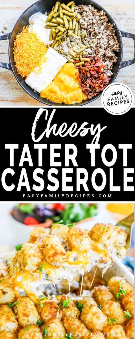 Tater Tot Casserole Cream Cheese, Recipes With Tator Tots Dinners, Tater Tot Casserole Dinner, Cream Cheese Tater Tot Casserole, Tater Tot Casserole With Bacon, Cheese Green Beans, Green Beans Bacon, Best Tater Tot Casserole, Cheesy Tater Tot Casserole