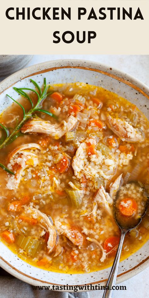 Chicken Pastina Soup is one of my favorite recipes for chilly weather! This easy soup recipe is ready in just 30 minutes. Chicken Pastina, Chicken And Pasta Soup Recipes, Chicken Pastina Soup Crockpot, Patina Soup, Pastina Chicken Soup Recipes, Chicken Pastina Soup, Italian Pastina Soup, Pastina Soup Recipes, Easy Pastina Soup