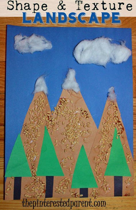 Shape & Texture Landscape - Combine shapes & different textures to make this pretty mountain craft Switzerland Preschool Activities, Mountain Crafts For Kids, Prek Projects, Mountain Craft, Texture Landscape, Culture Activities, Simple Landscaping Ideas, Mountain Project, Mountain Crafts