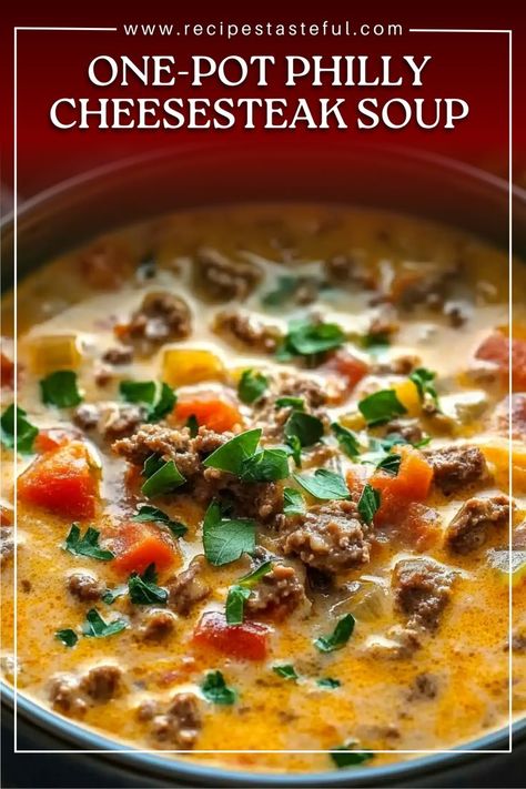 A hearty, flavorful soup inspired by the classic Philly cheesesteak sandwich. Tender sirloin steak, vegetables, and a creamy, cheesy broth make this soup a comforting and satisfying meal. Perfect for cozy evenings and a crowd-pleasing favorite. Tender Sirloin Steak, Philly Cheesesteak Soup, Steak Soup Recipes, Cheesesteak Soup, Steak Soup, Cheesesteak Sandwich, Philly Steak, Cheese Steak Sandwich, Sirloin Steak