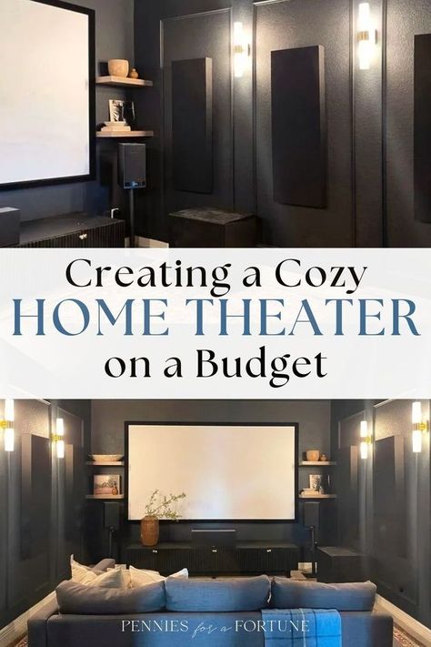 Create a cozy home theater on a budget in your bonus room or living room corner! This DIY dark media room makeover turned out great, and I'm showing you how you can do the same and create a home theater room without breaking the bank! I created this modern and cozy dark media room with a snack bar to surprise my husband for Father's Day. If you're also looking for small, cozy media room ideas that are also budget-friendly, this is it! Family Theater Room Ideas, Small Home Theatre Design, Dark Media Room, Cozy Media Room, Small Media Room Ideas, Movie Room Diy, Cozy Home Theater, Small Home Theater Ideas, Small Theater Room Ideas