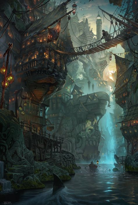 #BIlgewater League Of Legends #pirates #Ports #4K #wallpaper #hdwallpaper #desktop Concept Art Landscape, Pirate Island, Pirate Art, Architecture Wallpaper, Underground Cities, Fantasy Island, Fantasy City, Fantasy Places, Fantasy Art Landscapes