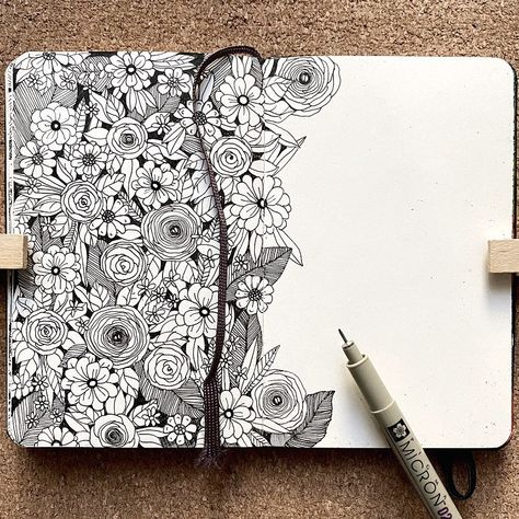 Pen Pattern Art, Fine Line Drawing Ideas, Doodling Ideas Patterns, Full Page Doodle Pattern, Floral Doodle Art, Bloom Drawing, Flower Doodle Art, Line Art Sketches, Doodles Artwork