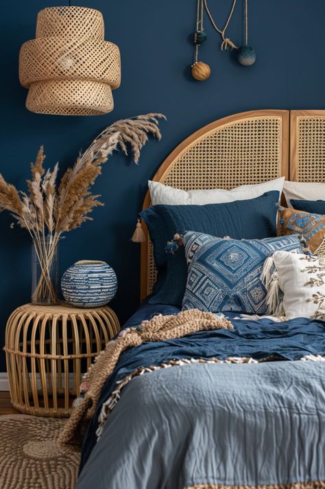 Orange And Navy Bedroom, Navy Boho Bedroom, Boho Bedroom Blue, Blue Boho Bedroom Ideas, Blue Boho Bedroom, Jasmine Aesthetic, Navy Blue Bedroom Ideas, Small Bedroom Design Ideas, Ideas For Small Bedrooms