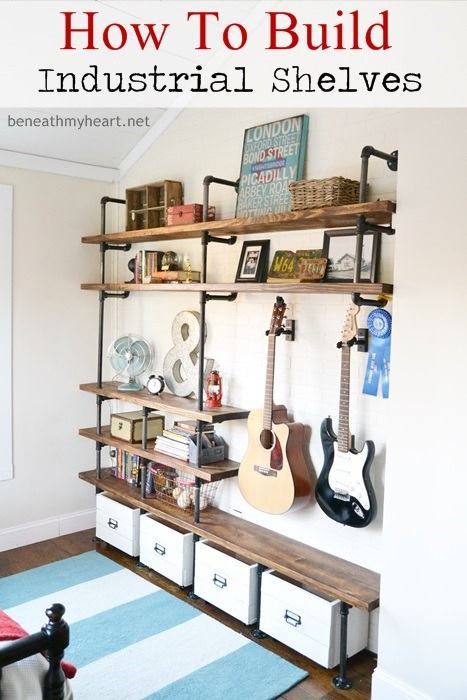 DIY!! How to build Industrial Shelves in a Boys Room from Beneath my Heart! These shelves look so cool and are perfect for a teenage room! Industrial Shelf Diy, Industrial Shelves, Industrial Diy, Industrial Bedroom, Industrial Shelving, Man Caves, Design Industrial, Industrial House, Boys Bedrooms