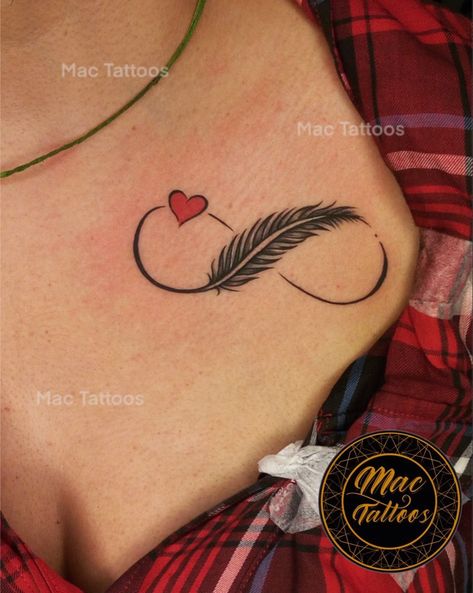 Infinity Tattoo On Chest, Feather Infinity Tattoo Design, Infinity Feather Tattoo Design, Infinity Feather Tattoo, Infinity Tattoo With Feather, Indian Feather Tattoos, Infinity Symbol Tattoo, Infinity Tattoo Designs, Dad Tattoo