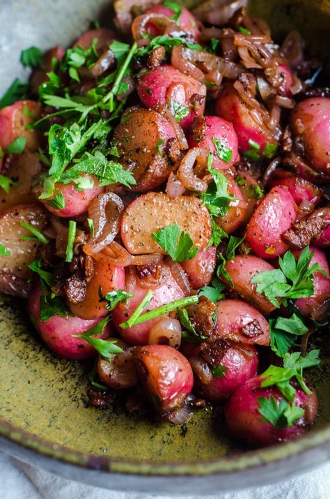 Recipe: Braised Radishes with Shallots & Bacon | Kitchn How To Cook Radishes, Cooking The Perfect Steak, Roasted Radishes, Radish Recipes, Steak Dinner, Bacon Recipes, Vegetable Sides, Radishes, Eating Raw