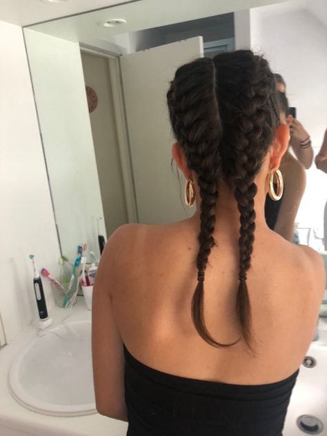 dutch braids | brunette | earrings | gold | jewellery | tube top | summer | bathroom | aesthetic | best friend | mirror | hairstyles | ... Brunette Dutch Braids, Braids Brunette, Summer Bathroom, Earrings Gold Jewellery, Dutch Braids, Bathroom Aesthetic, Dutch Braid, Top Summer, Gold Jewellery