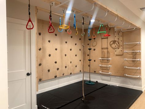 Our Ninja Warrior Basement Kids Indoor Gym, Basement Workout Room, Basement Kids, Kids Jungle Room, Indoor Jungle Gym, Indoor Playroom, Basement Gym, Boys Playroom, Basement Playroom