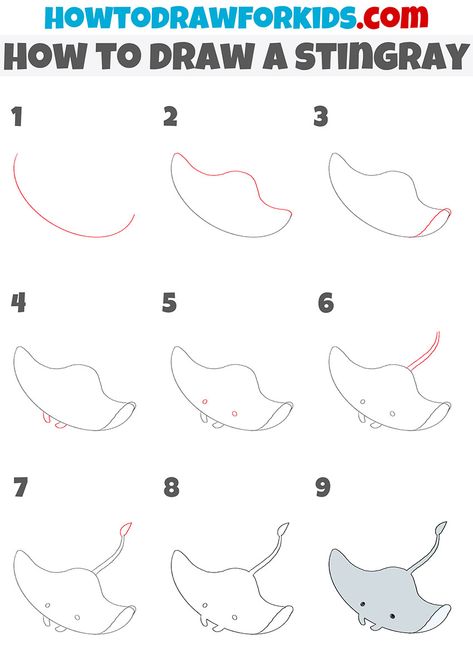 how to draw a stingray step by step Stingray Drawing Tutorial, Step By Step Sea Animal Drawings, How To Draw A Stingray Step By Step, Sting Ray Drawing Cute, How To Draw Marine Animals, How To Draw Sea Animals Step By Step, How To Draw Starfish, Stingray Painting Easy, Simple Animal Drawings Step By Step