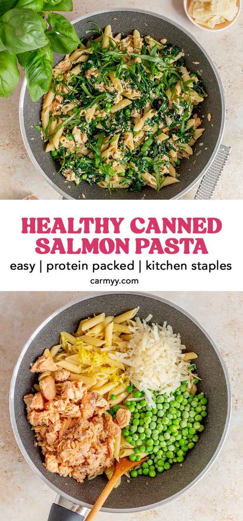 This simple canned salmon with pasta is full of fresh, bright flavors while using kitchen staples. Loads with canned salmon, spinach, and peas, this is a quick and easy recipe you can whip up on a busy weeknight night or prepare for a tasty make-ahead lunch for the week. Ready in 30 minutes or less. Canned Salmon And Pasta Recipes, Can Salmon Pasta Recipes, Healthy Dinner Ideas Salmon, Paleo Canned Salmon Recipes, Pasta With Canned Salmon, Canned Salmon Pasta Salad, Uses For Canned Salmon, Canned Salmon Salad Recipes Healthy, Canned Salmon Meal Prep